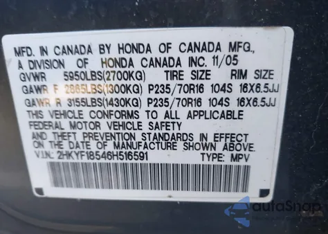 2006 Honda Pilot Ex-L from USA, damaged, VIN 2HKYF18546H516591